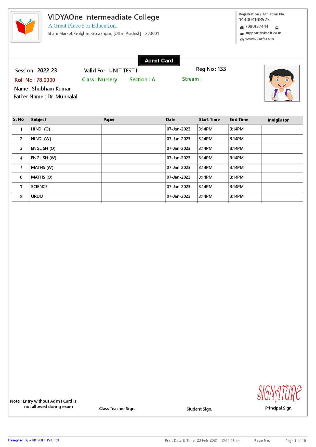 Class Time Table Preview